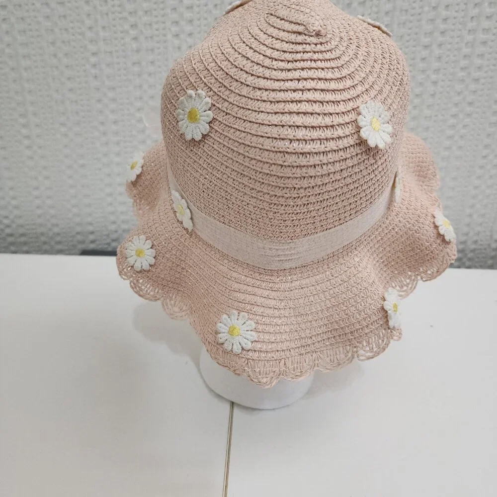 Vintage Blush Straw Sun Hat Floral Appliqué Ribbon Cottagecore Light Pink - Picture 7 of 9